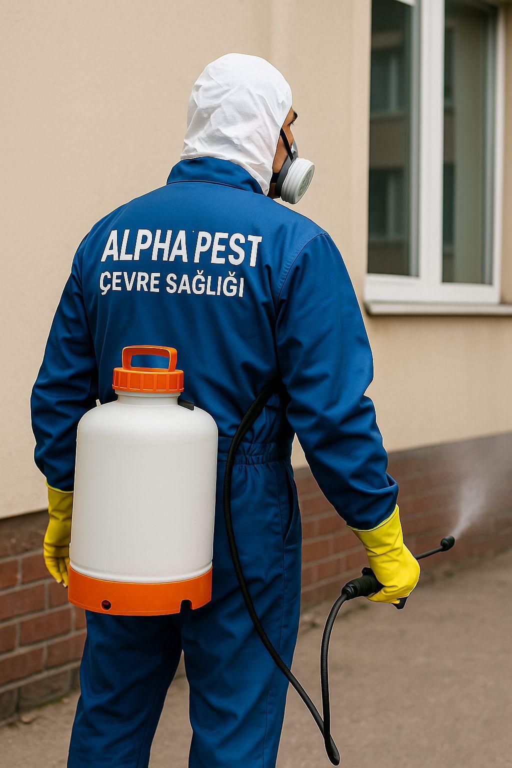 Alpha Pest teknisyeni markalı ekipmanla uygulama yaparken
