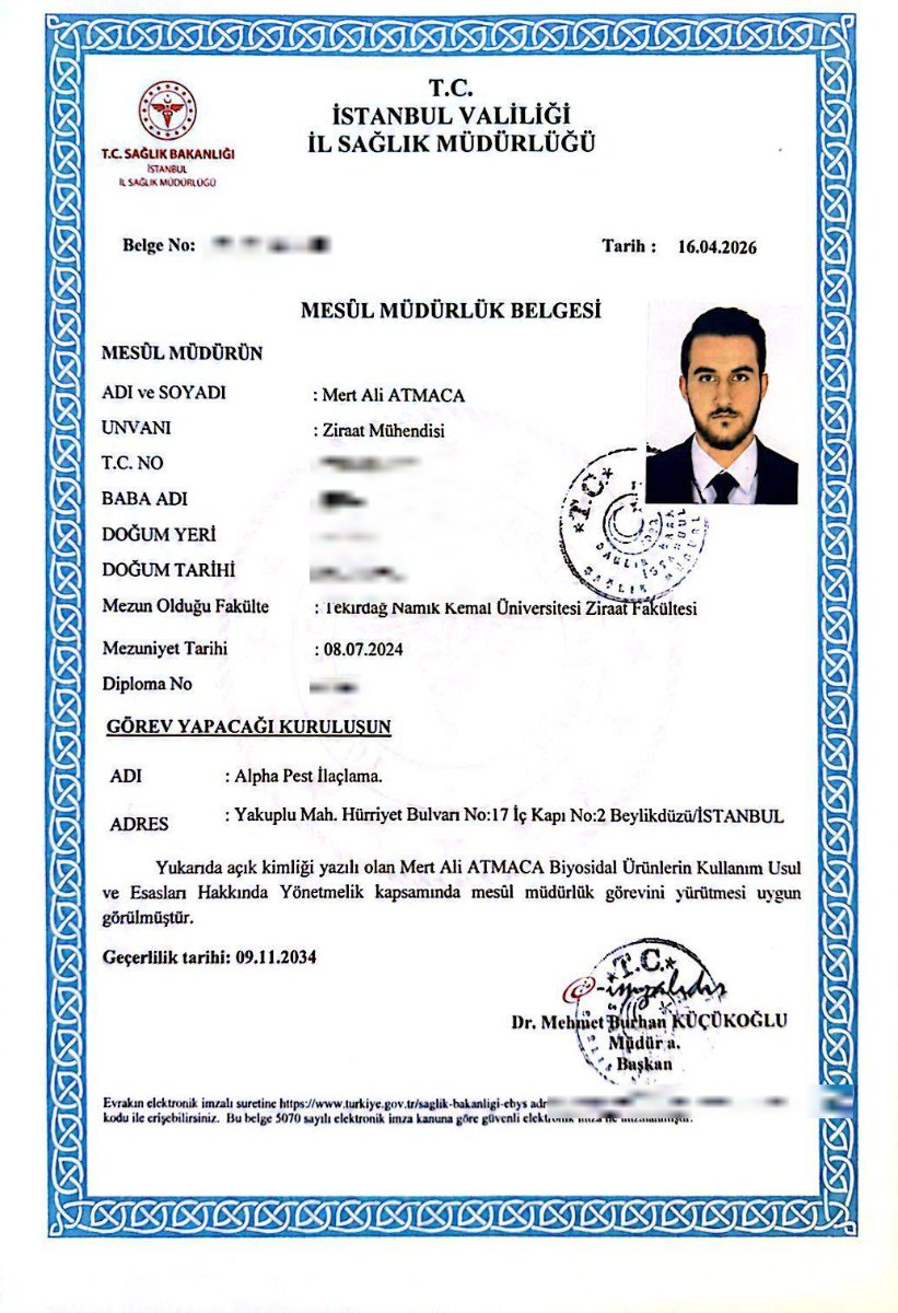 Alpha Pest Mesûl Müdürlük Belgesi — İstanbul İl Sağlık Müdürlüğü onaylı sorumlu yönetici belgesi